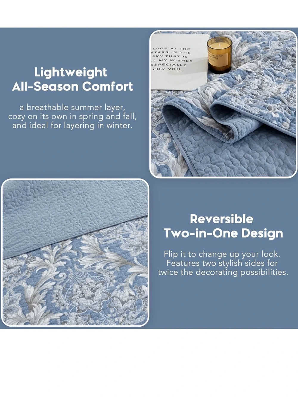 100% Cotton Blue Floral King Quilt Set Luxury Damask 106x98 3 Pcs Reversible